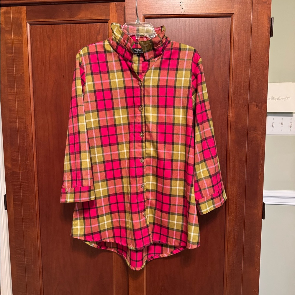 Womens Pink & Olive Plaid Button-Down Shirt - Relaxed Fit